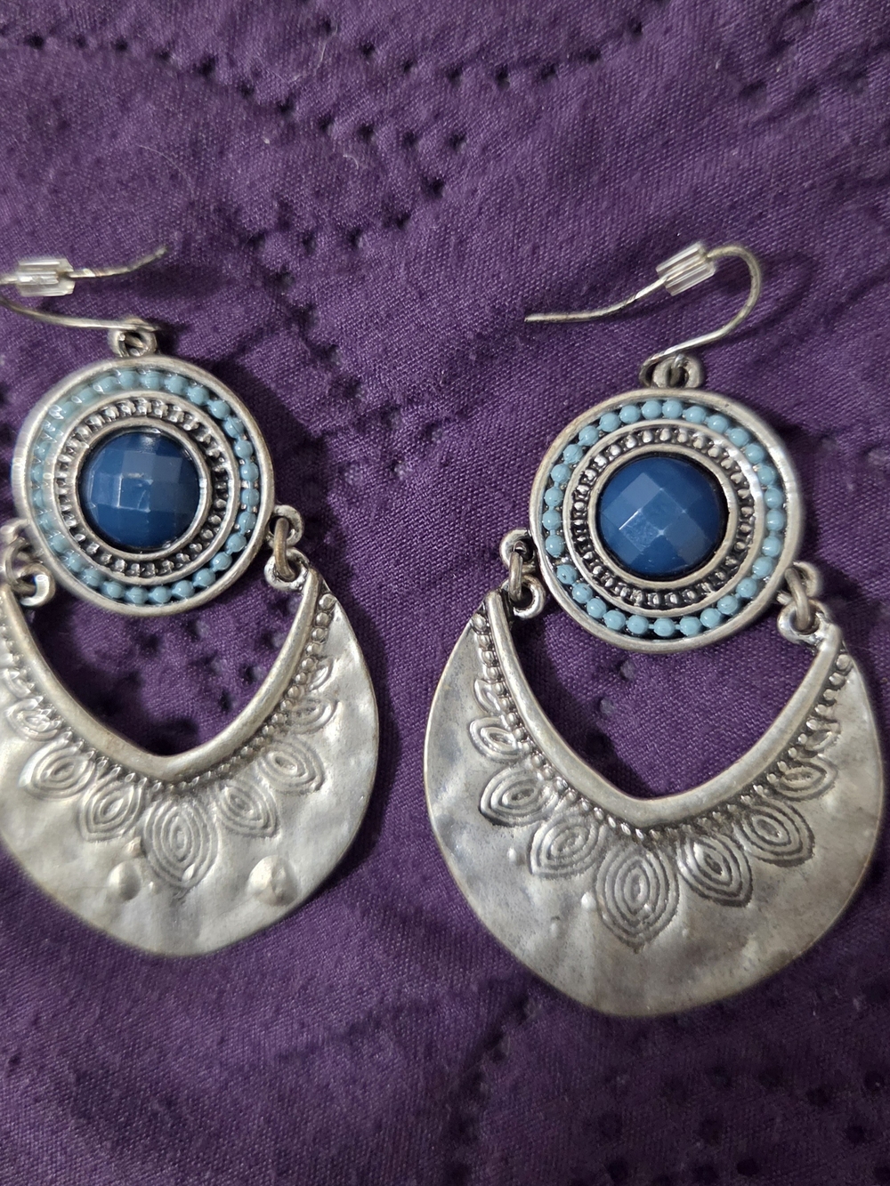 Boho Silver-Tone Dangle Earrings with Blue Stone Accents